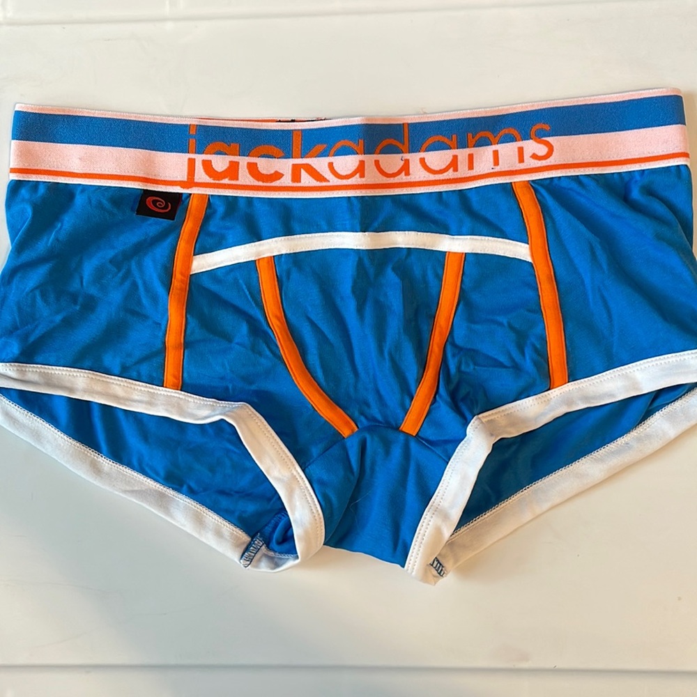 Jack Adams trunks, size M, new without tags, blue, white, and orange